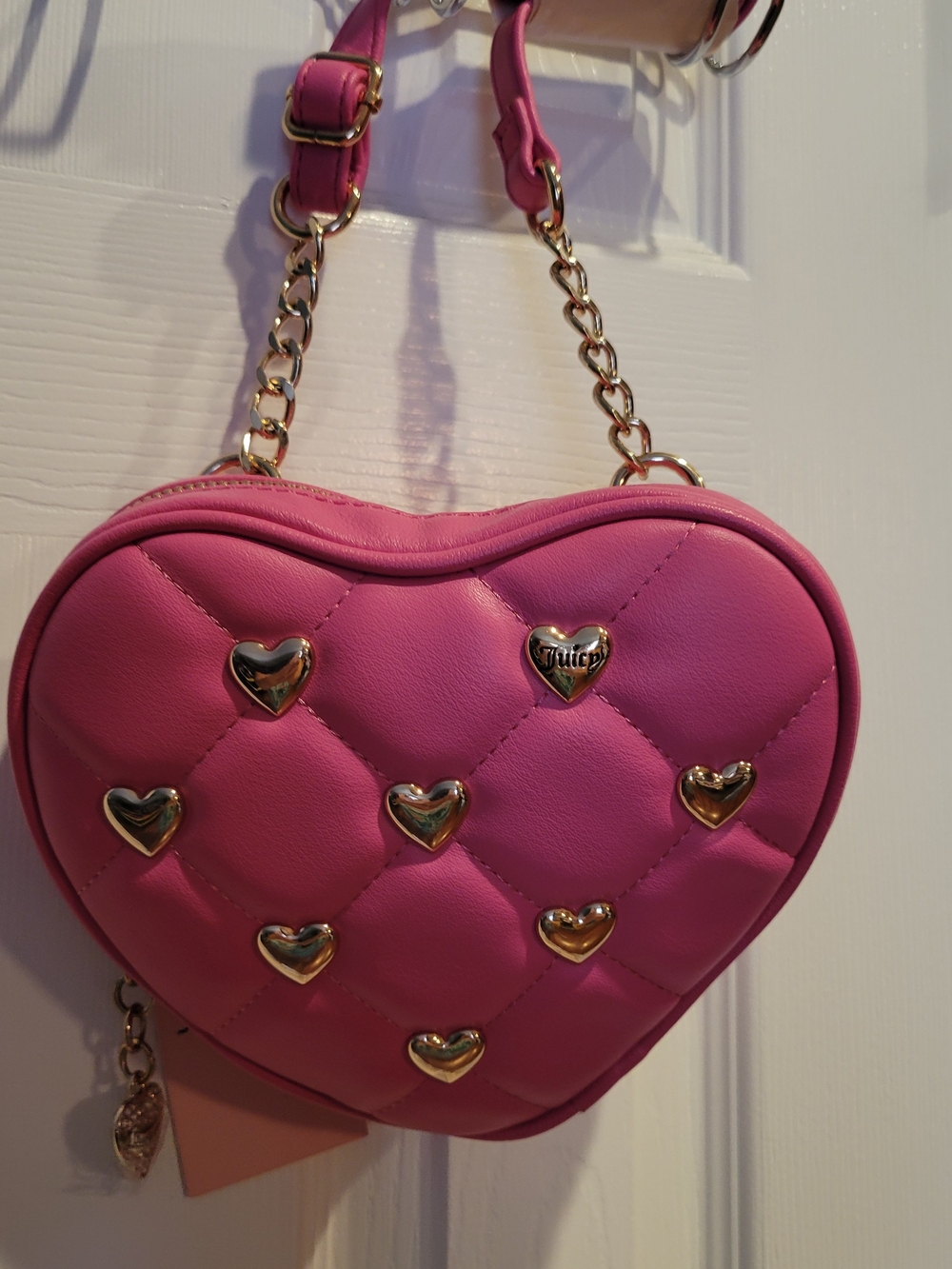 Juicy Couture Hot Pink Quilted Heart Crossbody with Gold Hearts